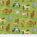 Realistic horses and foals green paddock multi-colour quilting fabric for horse quilts cushion covers tote bags and gifts for horse lovers