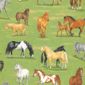Realistic horses and foals green paddock multi-colour quilting fabric for horse quilts cushion covers tote bags and gifts for horse lovers