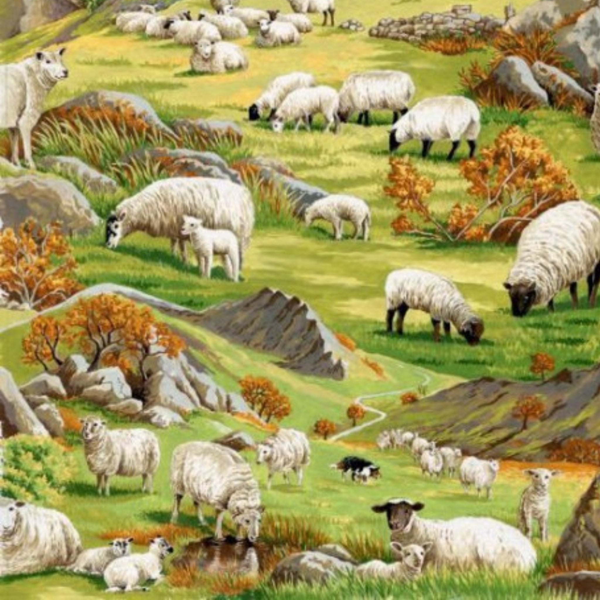 Sheep grazing rolling green hills border collies stone walls pastoral farm landscape fabric for farm-themed quilts and farmer gifts