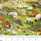 Sheep grazing rolling green hills border collies stone walls pastoral farm landscape fabric for farm-themed quilts and farmer gifts