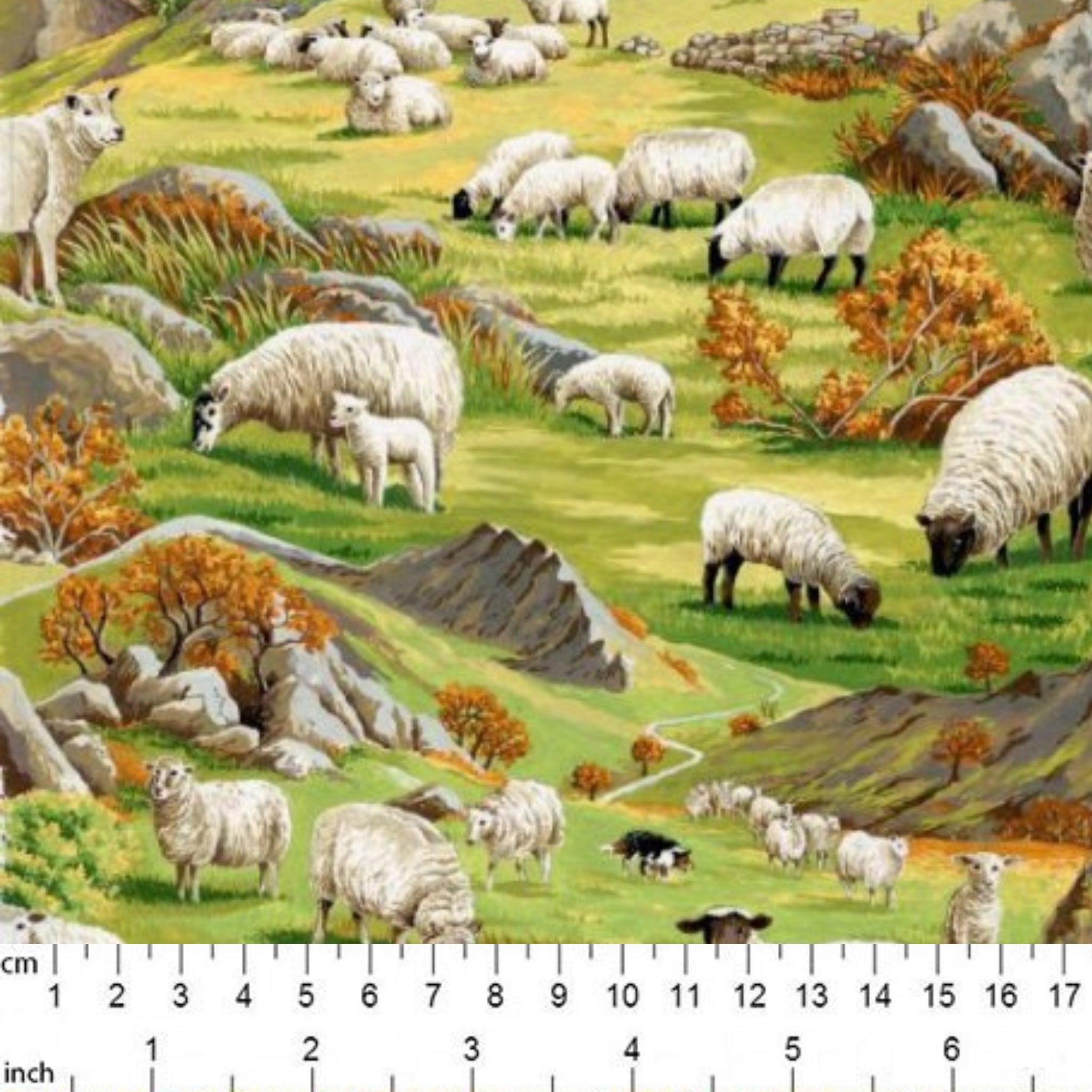 Sheep grazing rolling green hills border collies stone walls pastoral farm landscape fabric for farm-themed quilts and farmer gifts
