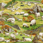 Sheep grazing rolling green hills border collies stone walls pastoral farm landscape fabric for farm-themed quilts and farmer gifts