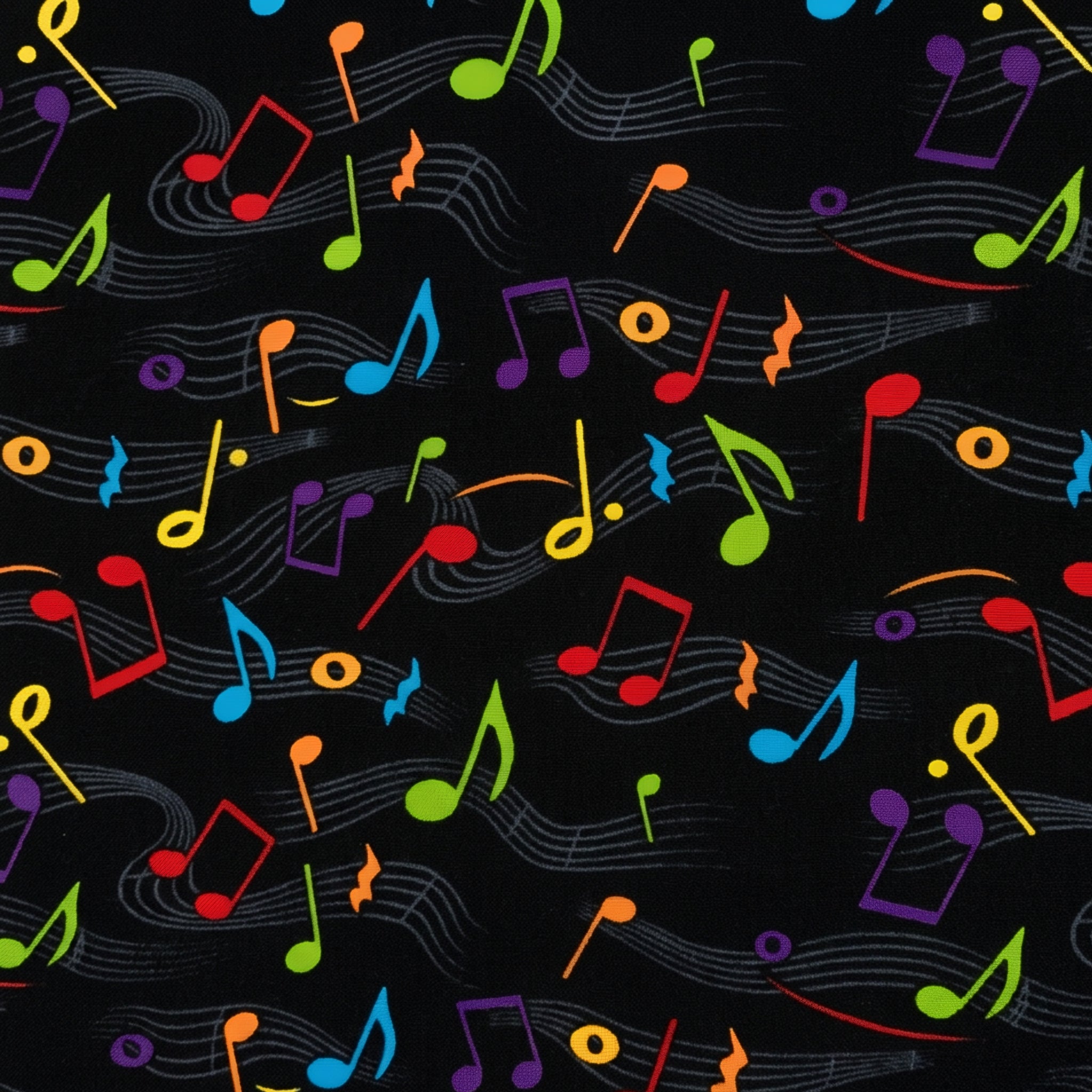 Bold rainbow music notes wavy staves black background novelty fabric for music quilts book bags and music teacher gifts