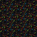 Bold rainbow music notes wavy staves black background novelty fabric for music quilts book bags and music teacher gifts