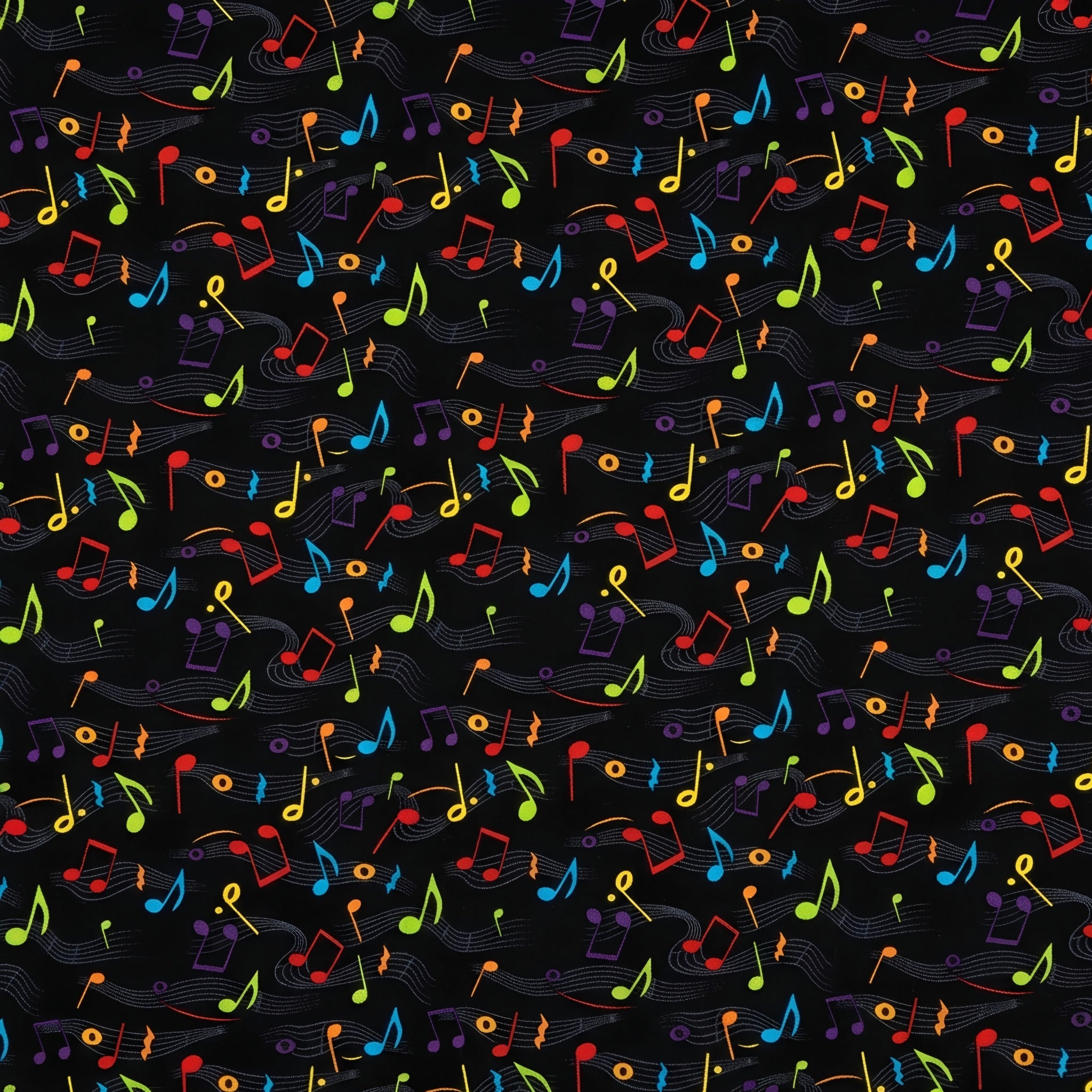 Bold rainbow music notes wavy staves black background novelty fabric for music quilts book bags and music teacher gifts