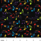 Bold rainbow music notes wavy staves black background novelty fabric for music quilts book bags and music teacher gifts