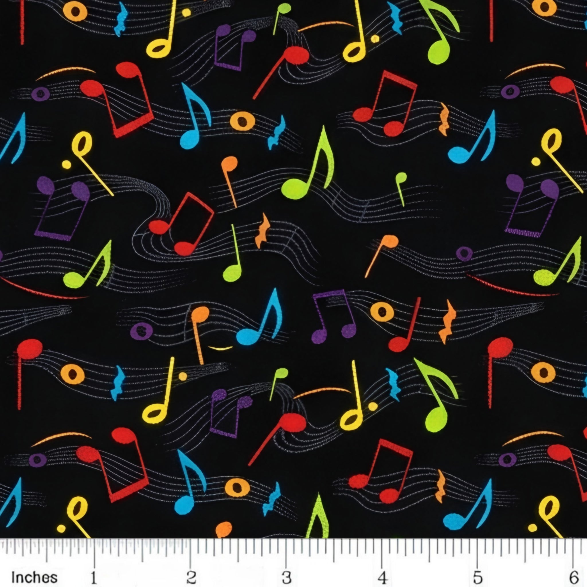 Bold rainbow music notes wavy staves black background novelty fabric for music quilts book bags and music teacher gifts