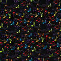 Bold rainbow music notes wavy staves black background novelty fabric for music quilts book bags and music teacher gifts