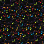 Bold rainbow music notes wavy staves black background novelty fabric for music quilts book bags and music teacher gifts