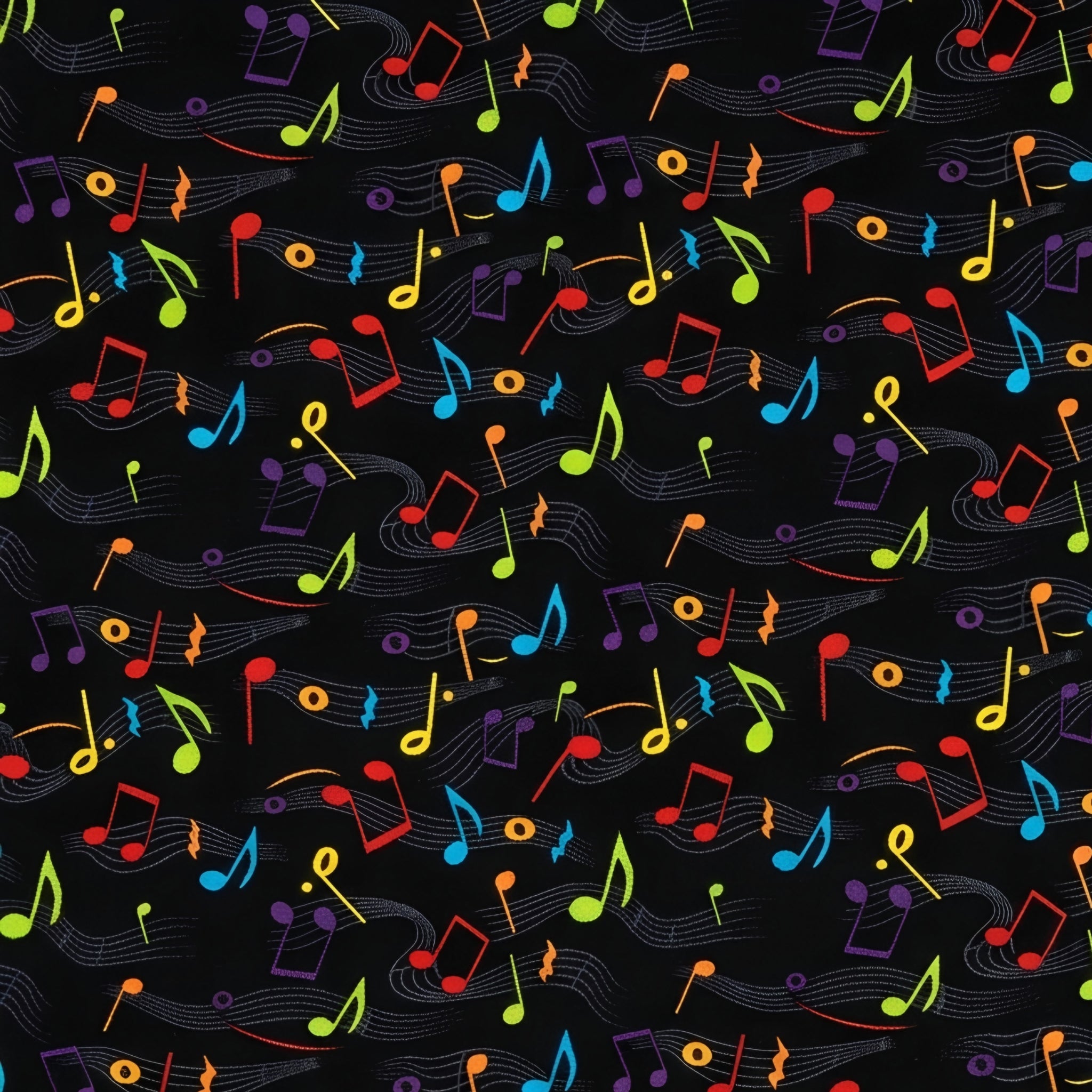 Bold rainbow music notes wavy staves black background novelty fabric for music quilts book bags and music teacher gifts