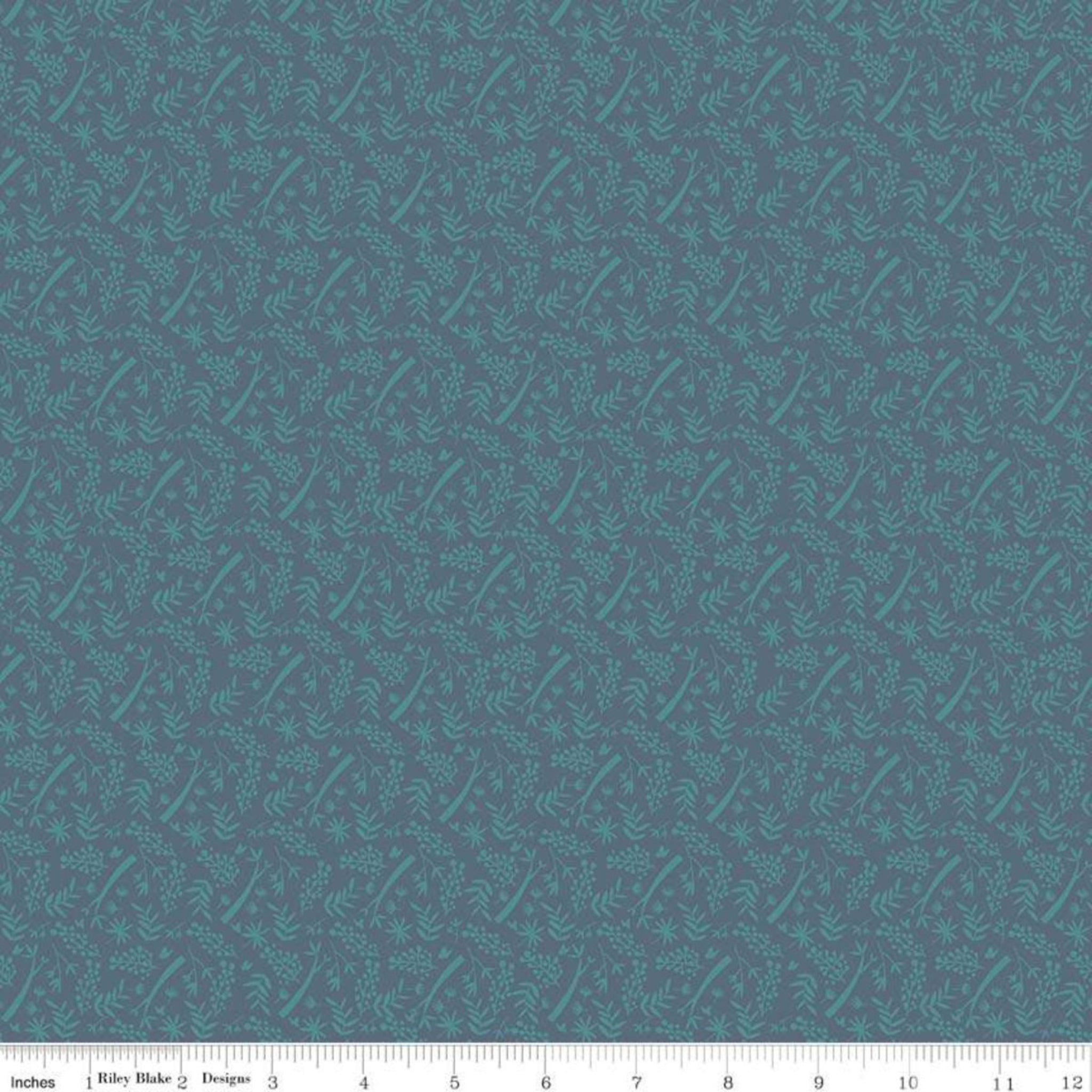 Tonal branch leaf pattern teal blue-green fabric for quilts backgrounds and nature-inspired patchwork projects