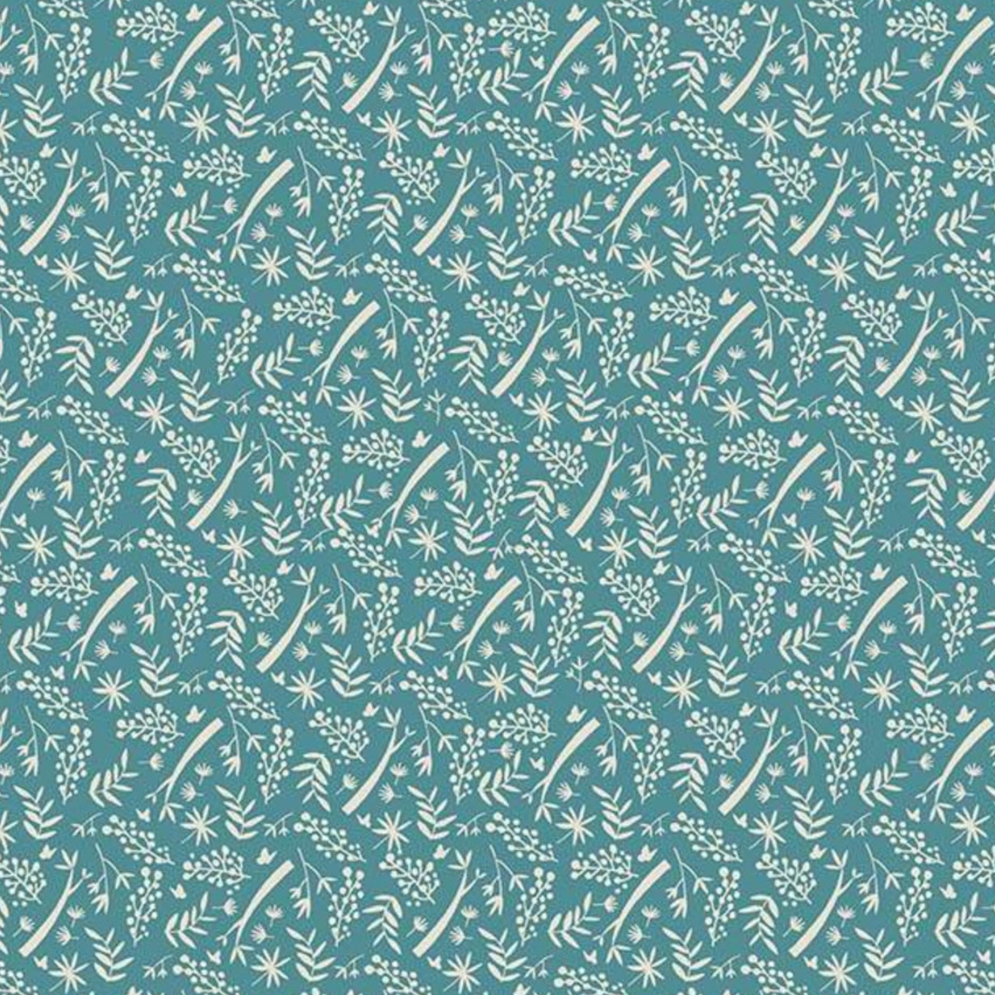Cream branch leaf pattern teal fabric for quilts backgrounds and nature-inspired patchwork projects