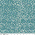 Cream branch leaf pattern teal fabric for quilts backgrounds and nature-inspired patchwork projects