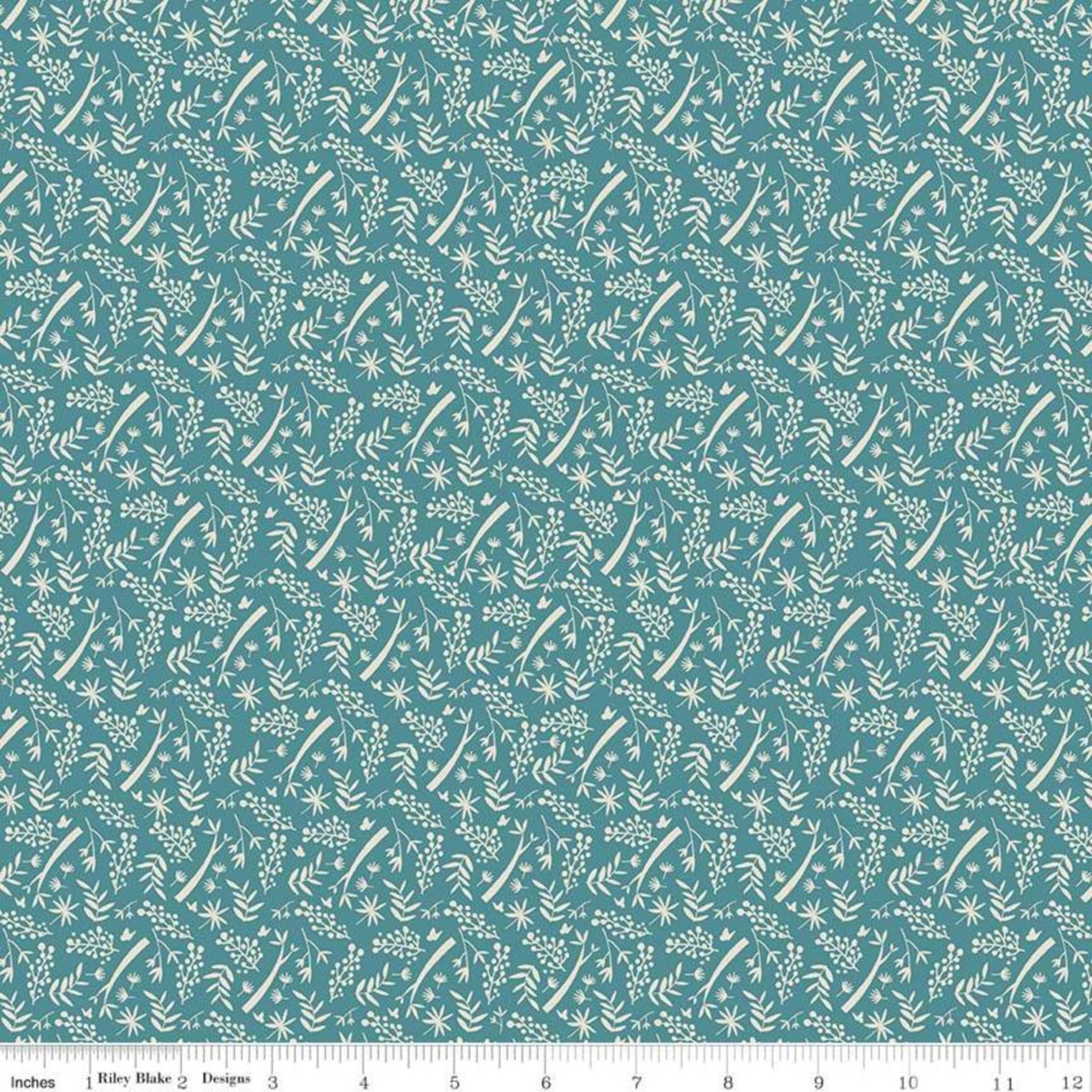 Cream branch leaf pattern teal fabric for quilts backgrounds and nature-inspired patchwork projects