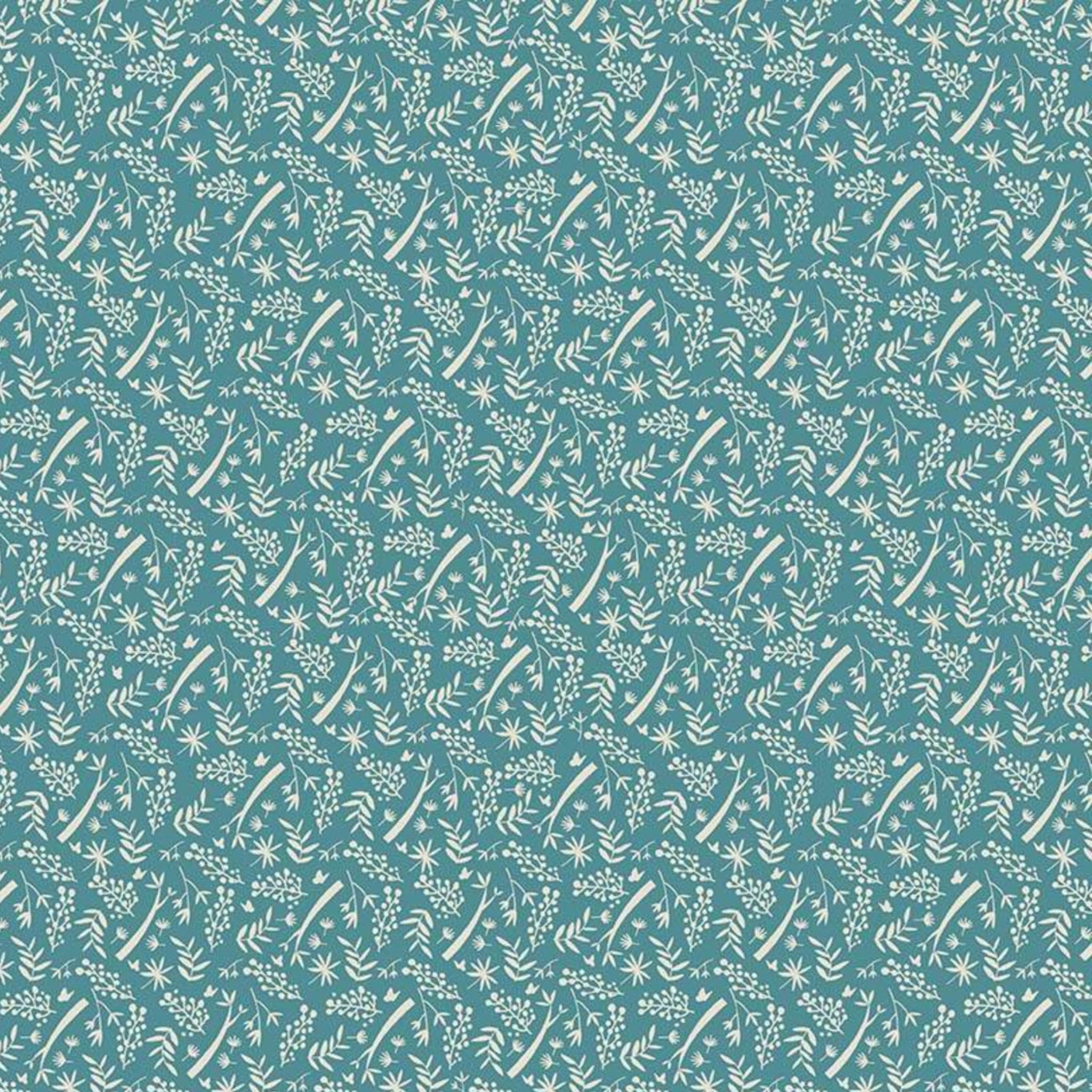 Cream branch leaf pattern teal fabric for quilts backgrounds and nature-inspired patchwork projects