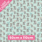 Illustrated koalas joeys eucalyptus branches coral teal soft mint fabric for baby quilts nursery and children's patchwork projects