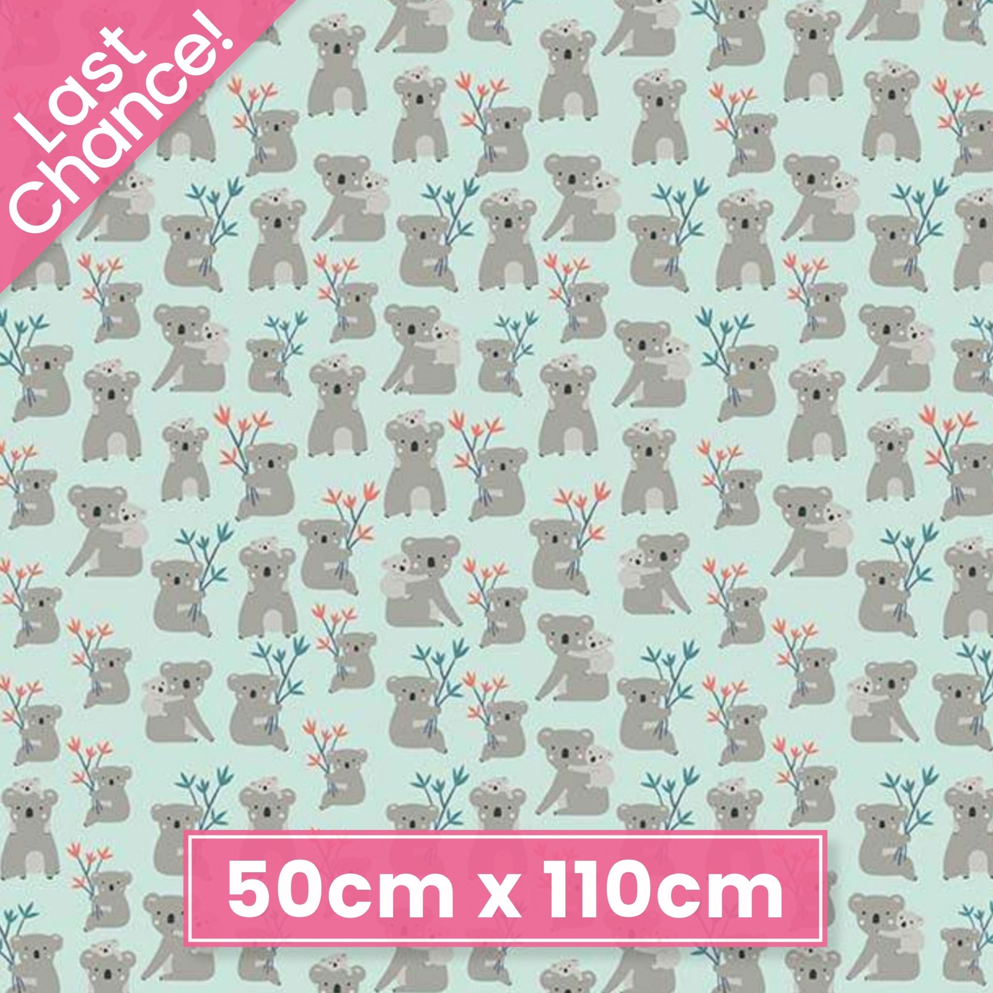 Illustrated koalas joeys eucalyptus branches coral teal soft mint fabric for baby quilts nursery and children's patchwork projects