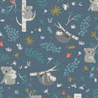 Cartoon koalas sloths eucalyptus branches botanical coral flowers slate blue fabric for baby quilts nursery and children's patchwork projects