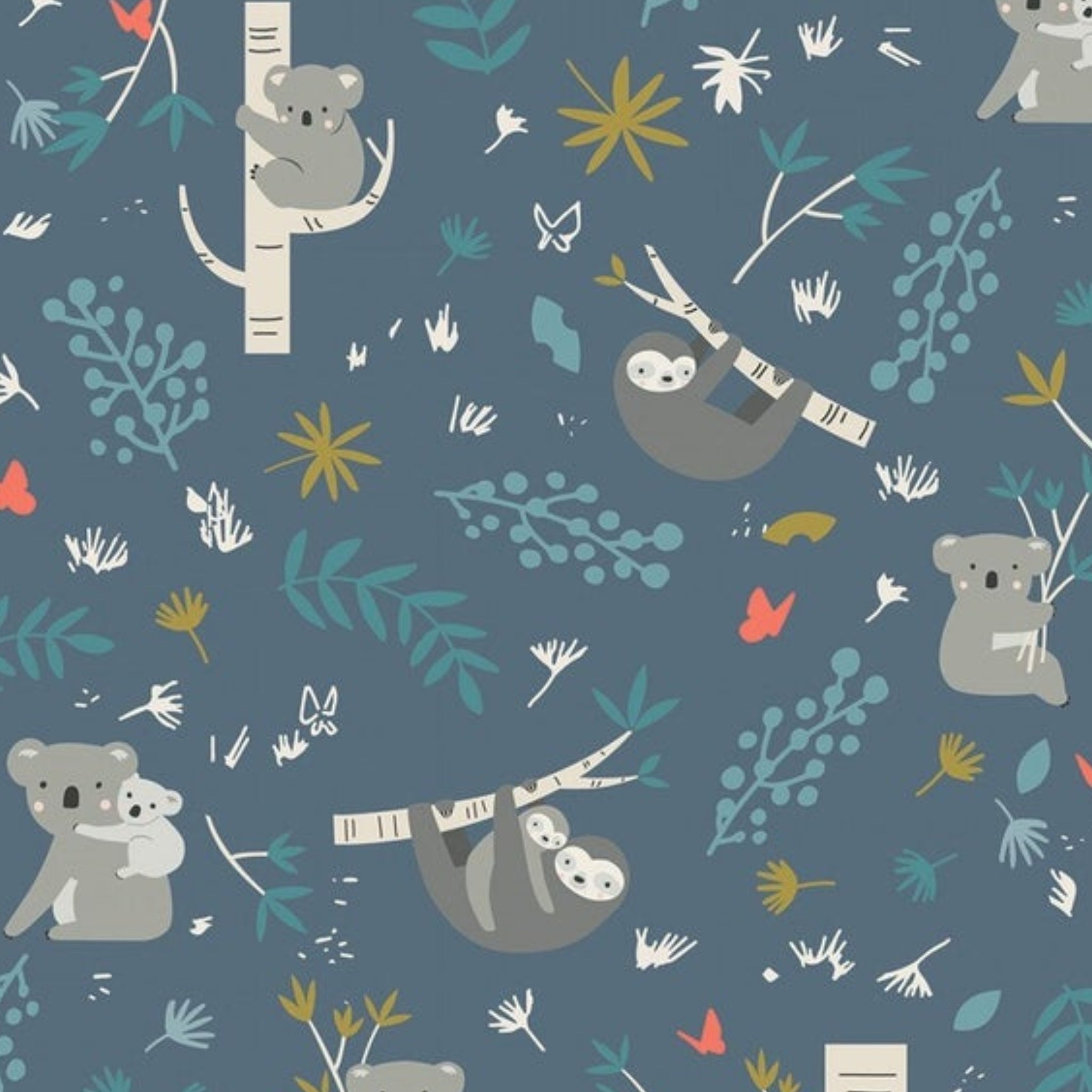 Cartoon koalas sloths eucalyptus branches botanical coral flowers slate blue fabric for baby quilts nursery and children's patchwork projects
