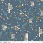 Illustrated koalas sloths eucalyptus branches botanical coral flowers slate blue fabric for baby quilts nursery and children's patchwork projects