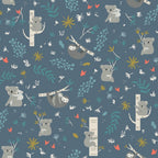 Illustrated koalas sloths eucalyptus branches botanical coral flowers slate blue fabric for baby quilts nursery and children's patchwork projects