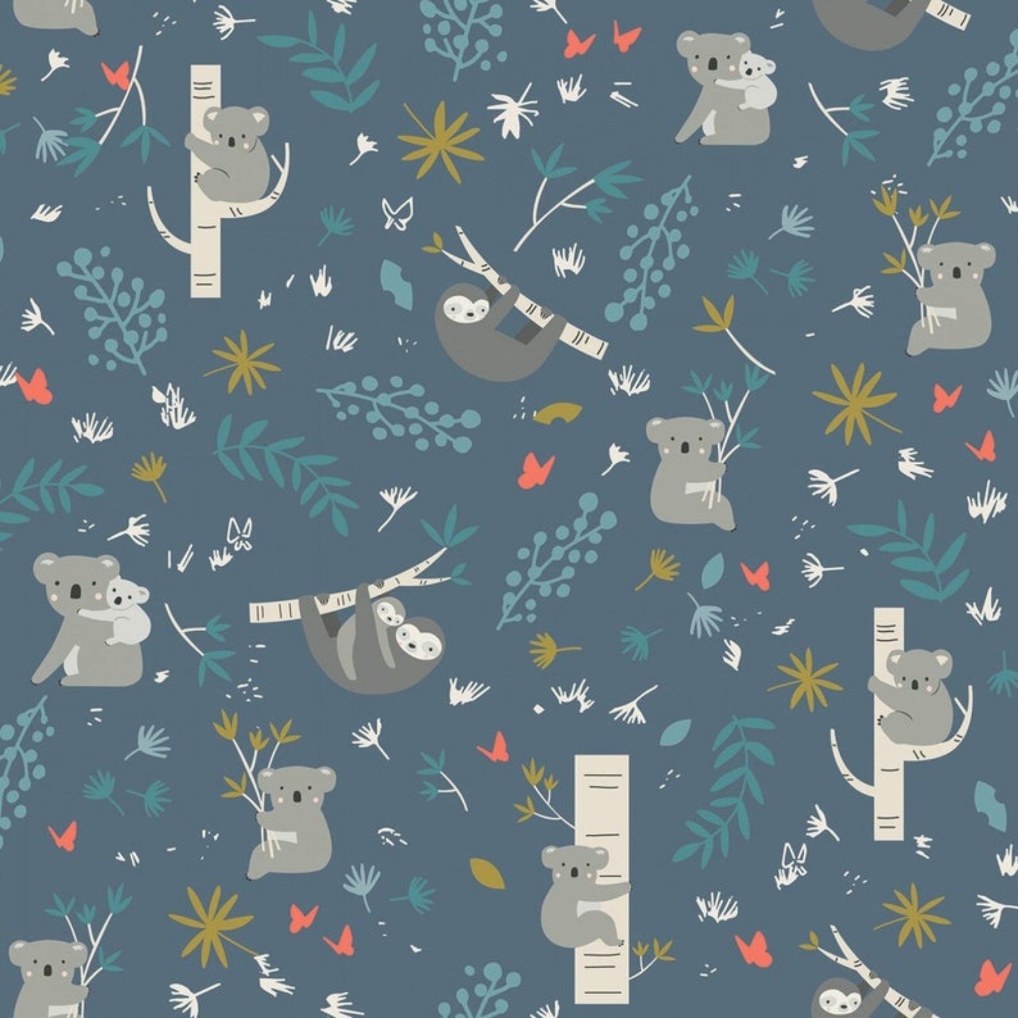 Illustrated koalas sloths eucalyptus branches botanical coral flowers slate blue fabric for baby quilts nursery and children's patchwork projects
