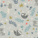 Cartoon koalas sloths eucalyptus branches botanical coral flowers soft grey fabric for baby quilts nursery and children's patchwork projects