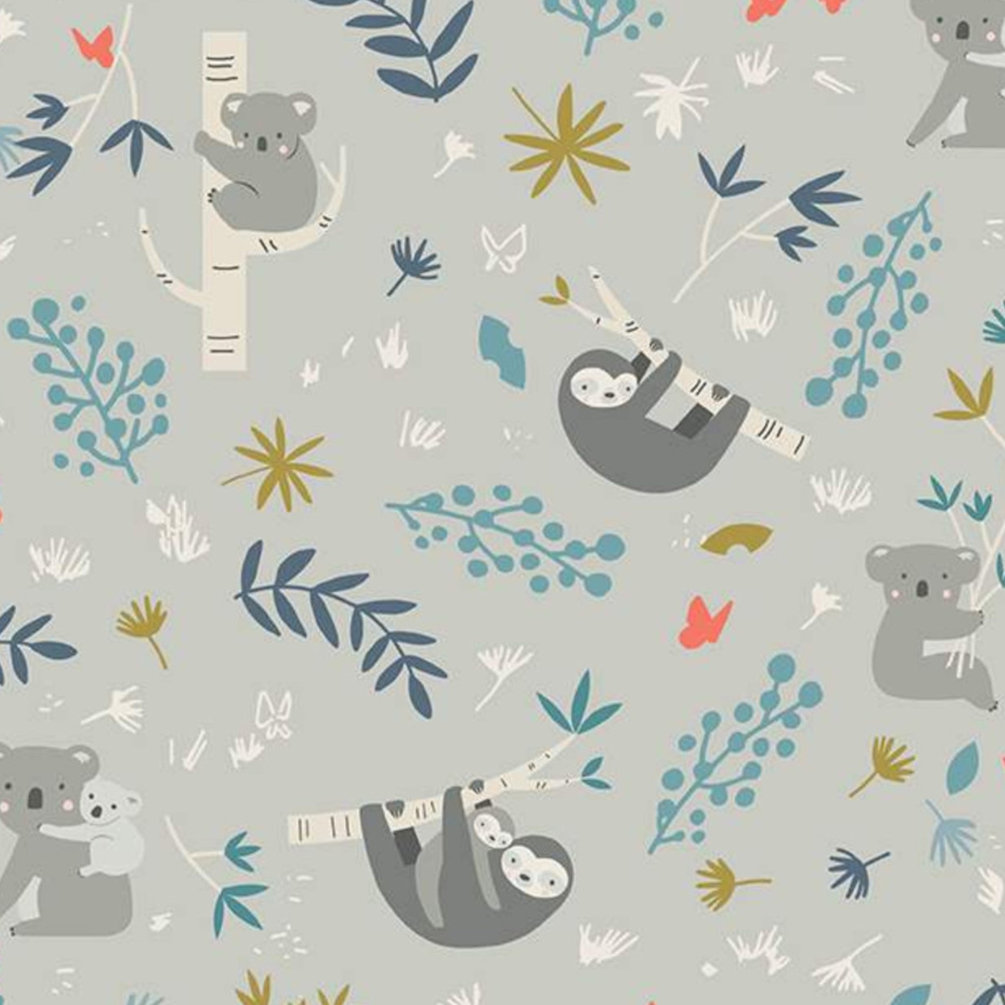 Cartoon koalas sloths eucalyptus branches botanical coral flowers soft grey fabric for baby quilts nursery and children's patchwork projects
