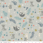 Illustrated koalas sloths eucalyptus branches botanical coral flowers soft grey fabric for baby quilts nursery and children's patchwork projects