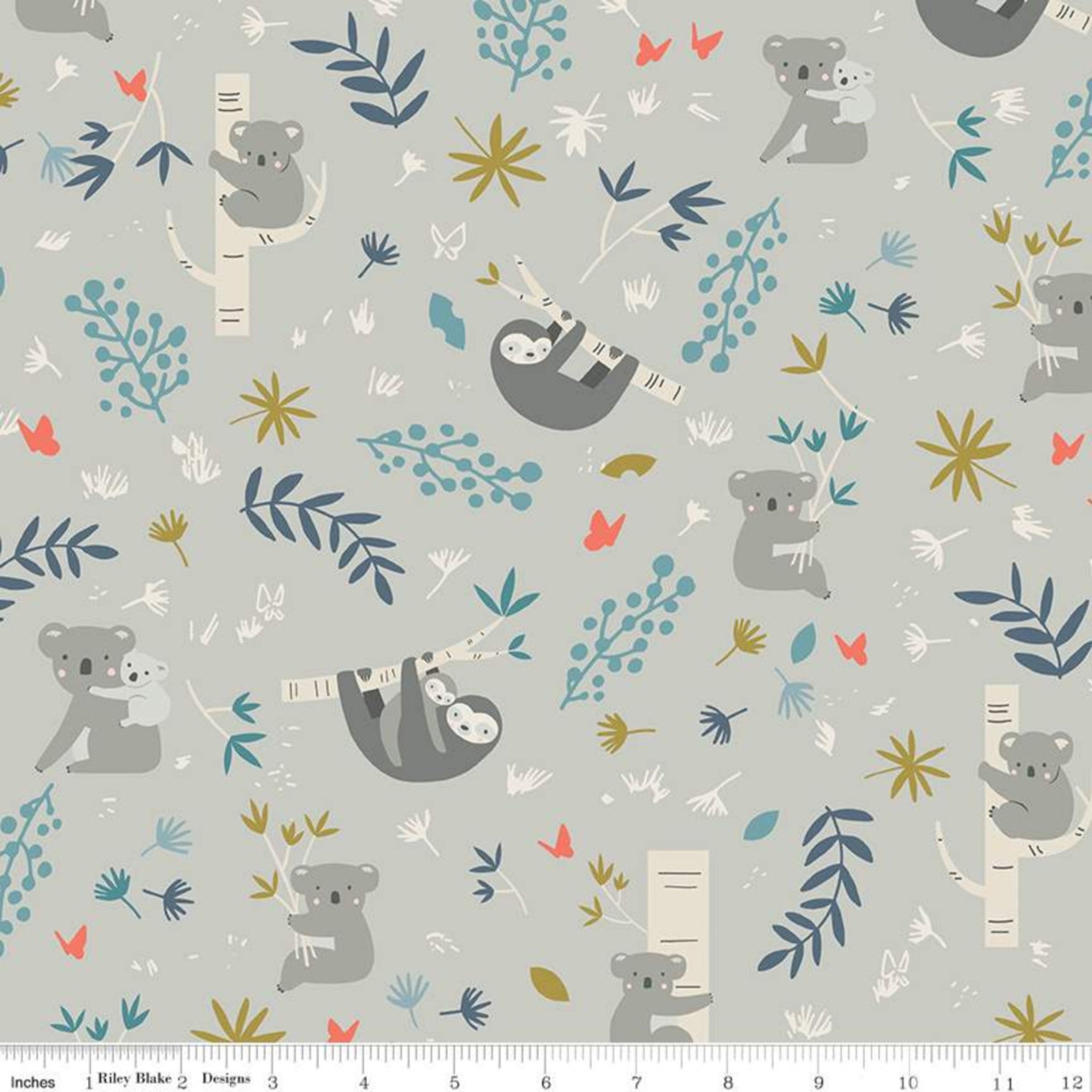 Illustrated koalas sloths eucalyptus branches botanical coral flowers soft grey fabric for baby quilts nursery and children's patchwork projects
