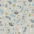 Illustrated koalas sloths eucalyptus branches botanical coral flowers soft grey fabric for baby quilts nursery and children's patchwork projects