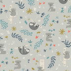 Illustrated koalas sloths eucalyptus branches botanical coral flowers soft grey fabric for baby quilts nursery and children's patchwork projects