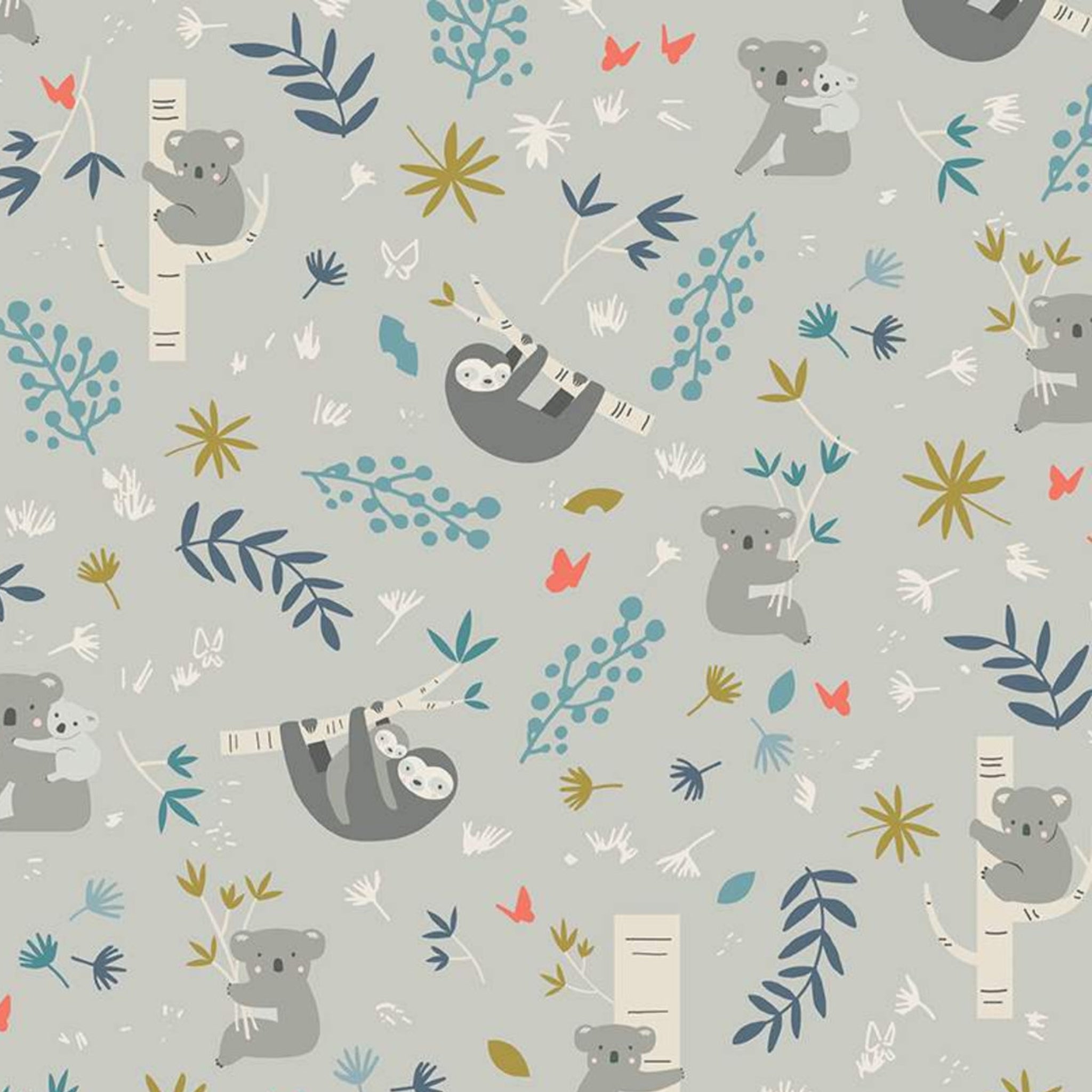 Illustrated koalas sloths eucalyptus branches botanical coral flowers soft grey fabric for baby quilts nursery and children's patchwork projects