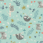 Cartoon koalas sloths eucalyptus branches botanical coral flowers soft mint fabric for baby quilts nursery and children's patchwork projects