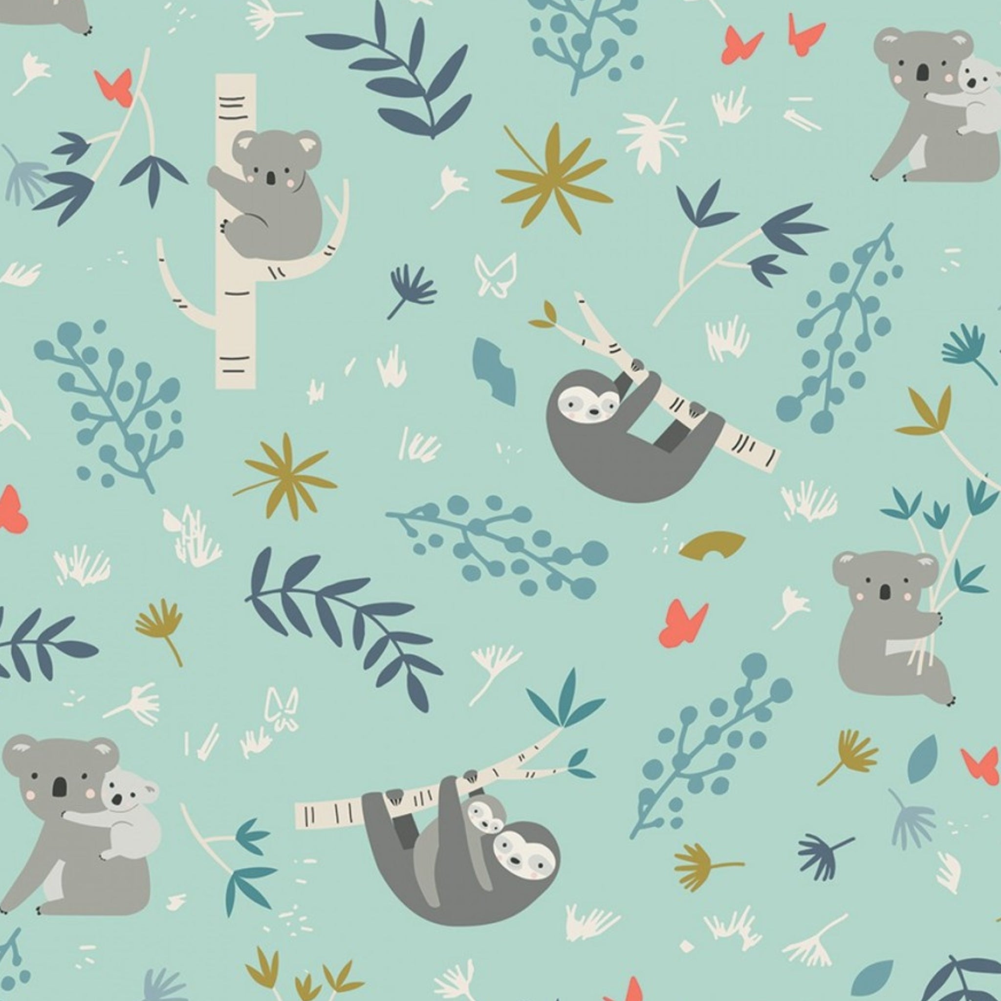 Cartoon koalas sloths eucalyptus branches botanical coral flowers soft mint fabric for baby quilts nursery and children's patchwork projects