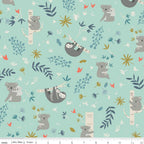 Illustrated koalas sloths eucalyptus branches botanical coral flowers soft mint fabric for baby quilts nursery and children's patchwork projects