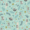 Illustrated koalas sloths eucalyptus branches botanical coral flowers soft mint fabric for baby quilts nursery and children's patchwork projects