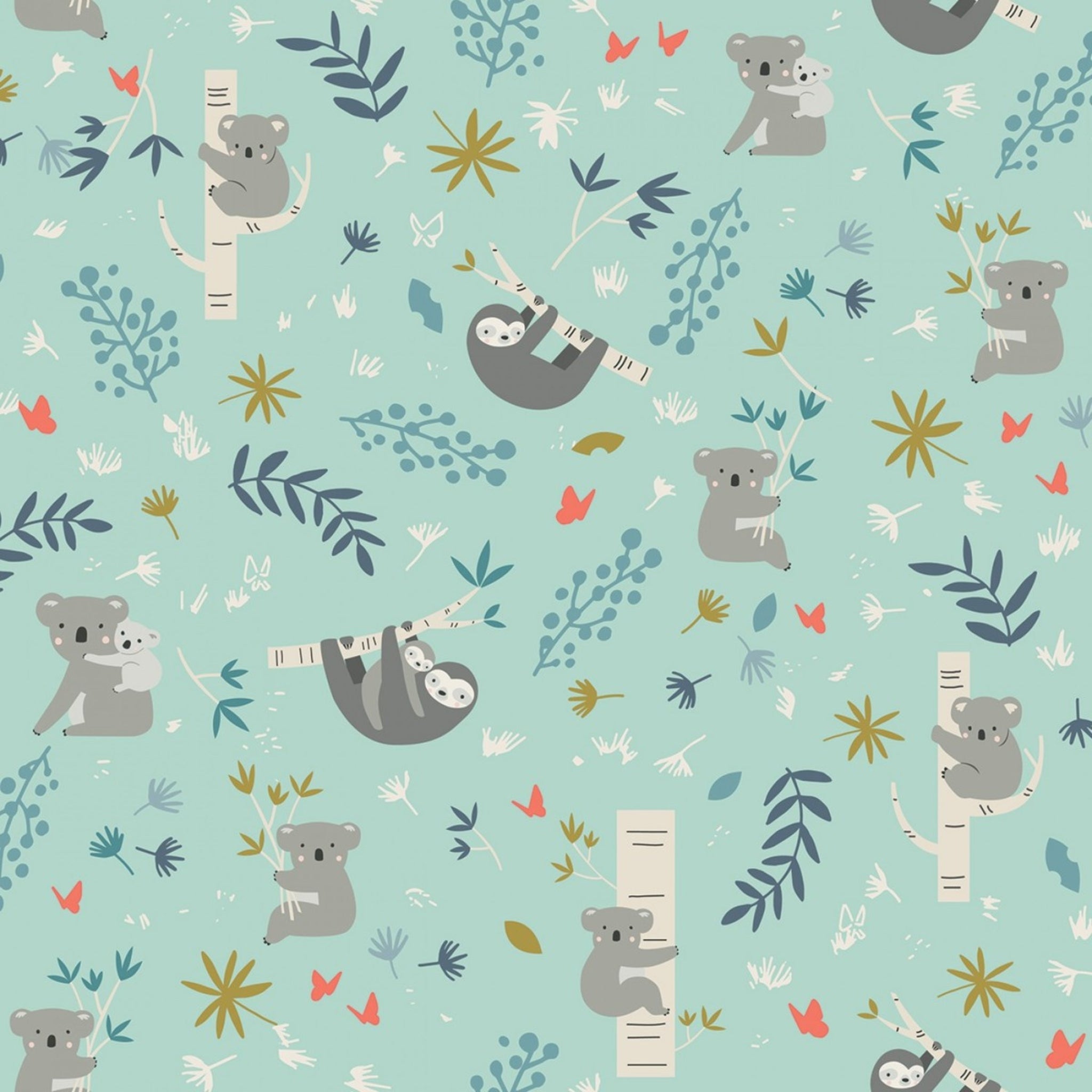 Illustrated koalas sloths eucalyptus branches botanical coral flowers soft mint fabric for baby quilts nursery and children's patchwork projects