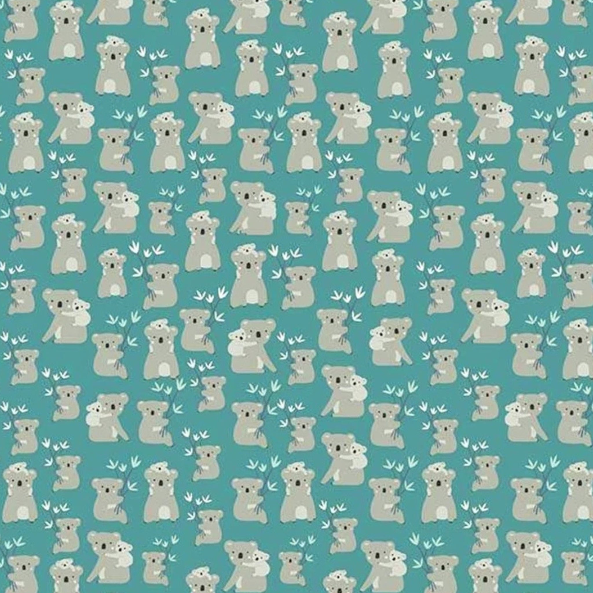 Illustrated koalas joeys white eucalyptus leaves teal fabric for baby quilts nursery and children's patchwork projects