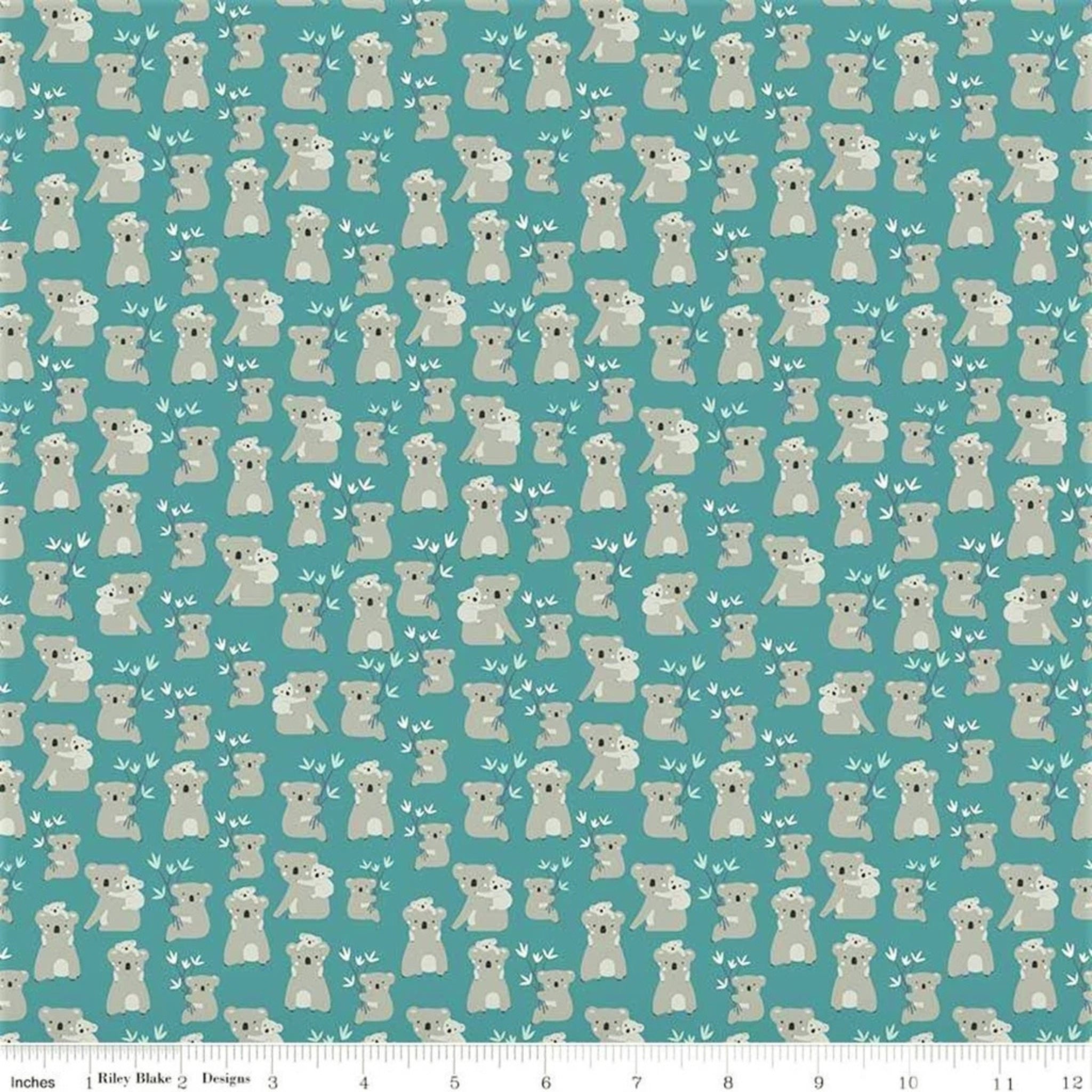 Illustrated koalas joeys white eucalyptus leaves teal fabric for baby quilts nursery and children's patchwork projects