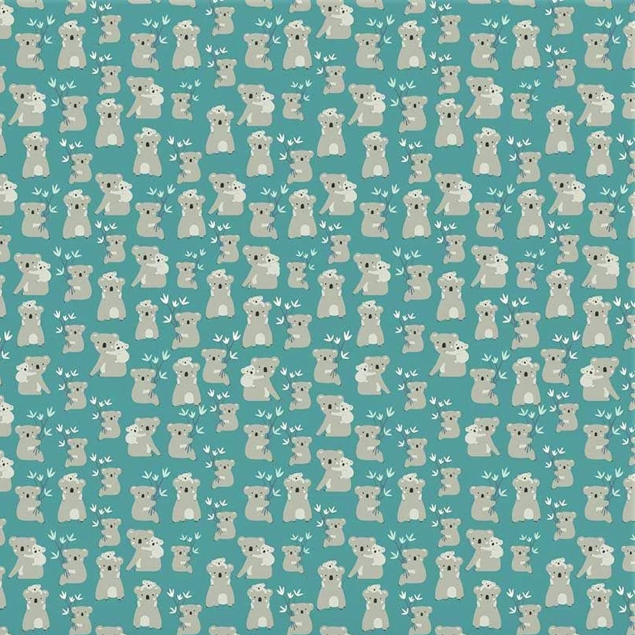 Cartoon koalas joeys white eucalyptus leaves teal fabric for baby quilts nursery and children's patchwork projects