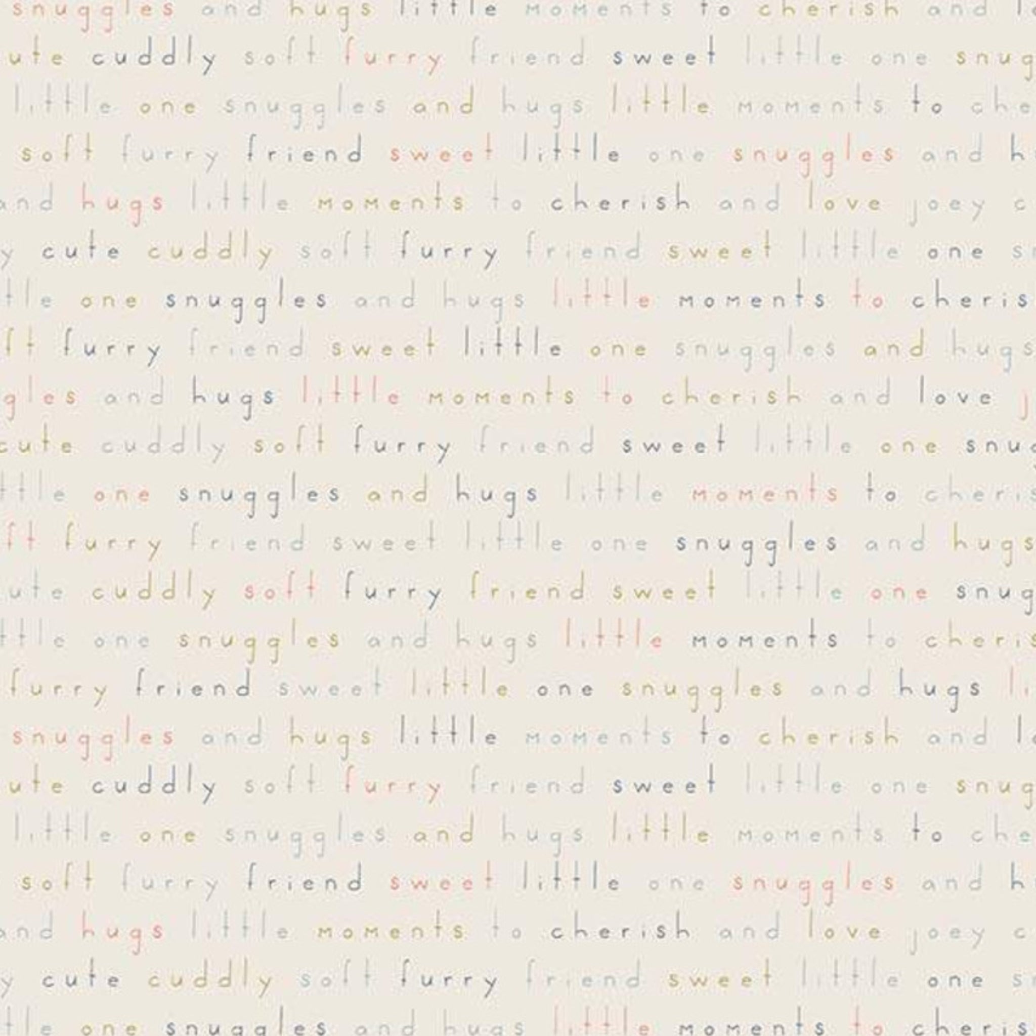 Baby sentiment phrases snuggles hugs sweet little one coral grey text cream fabric for baby quilts nursery and children's patchwork projects