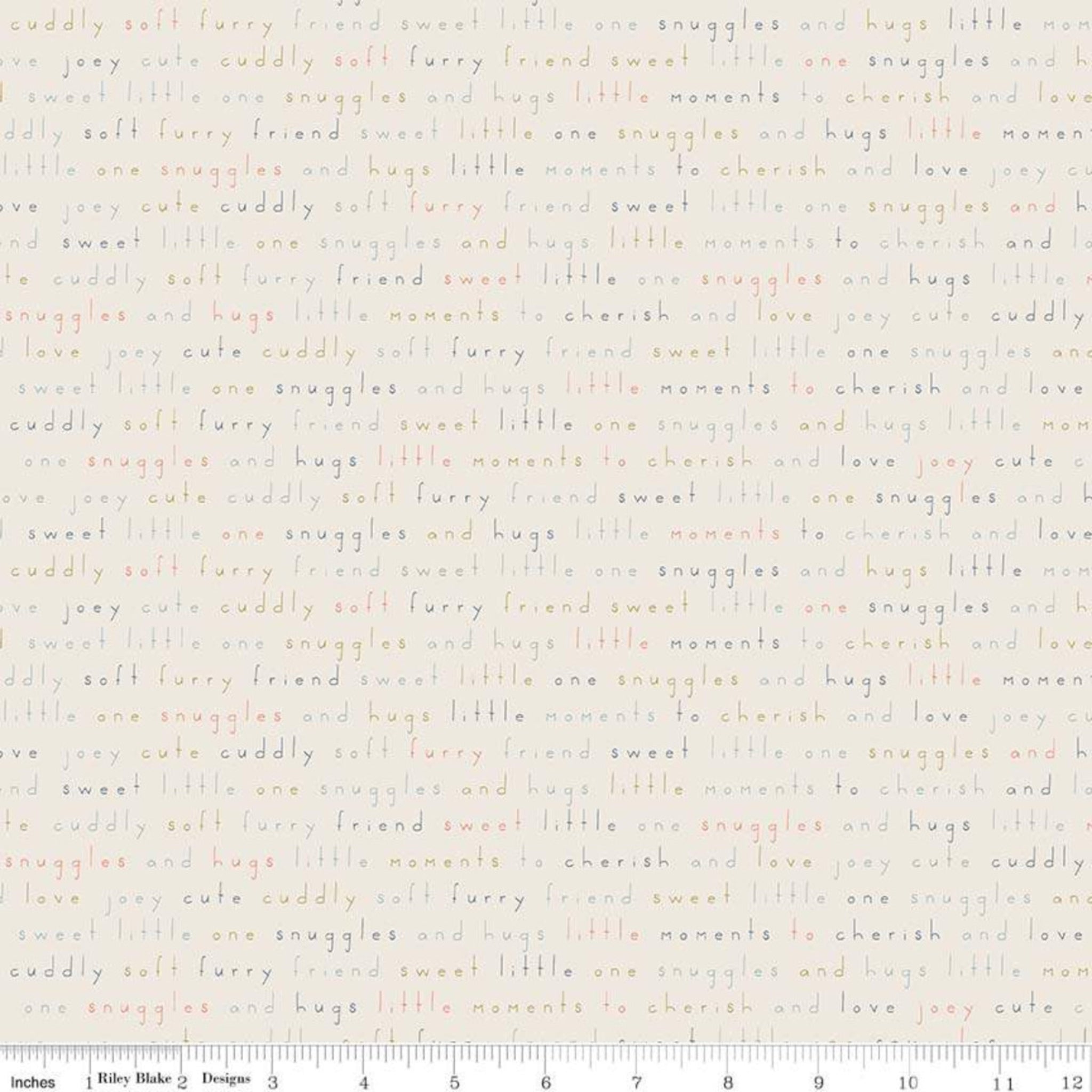 Baby sentiment words snuggles hugs sweet little one coral grey text cream fabric for baby quilts nursery and children's patchwork projects