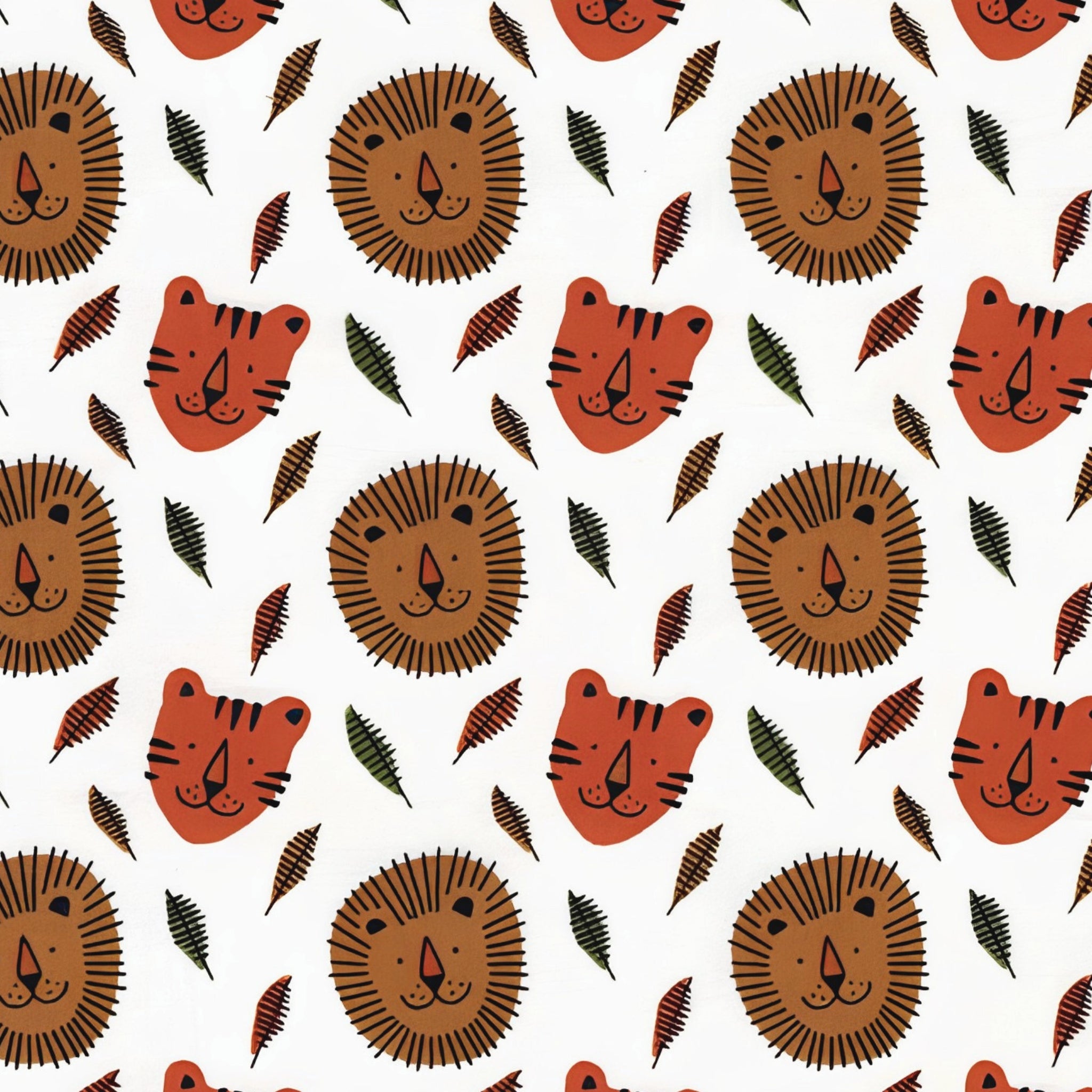 Lion and tiger faces tropical leaves white background kids novelty quilting fabric for children's quilts nursery décor and baby sewing projects