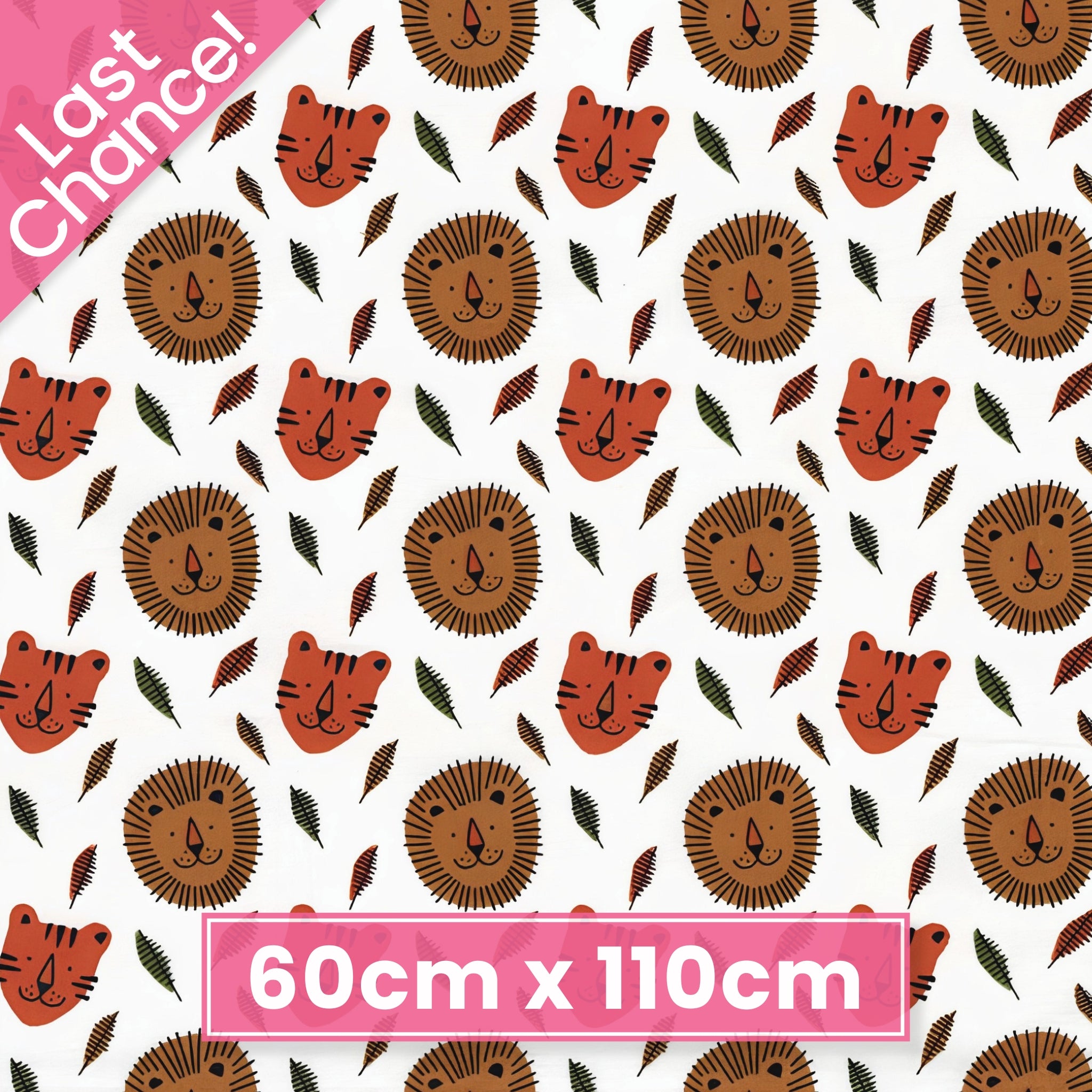 Lion and tiger faces tropical leaves white background kids novelty quilting fabric for children's quilts nursery décor and baby sewing projects