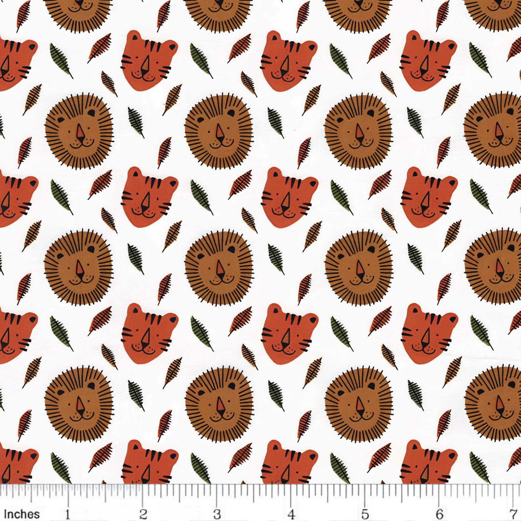 Lion and tiger faces tropical leaves white background kids novelty quilting fabric for children's quilts nursery décor and baby sewing projects