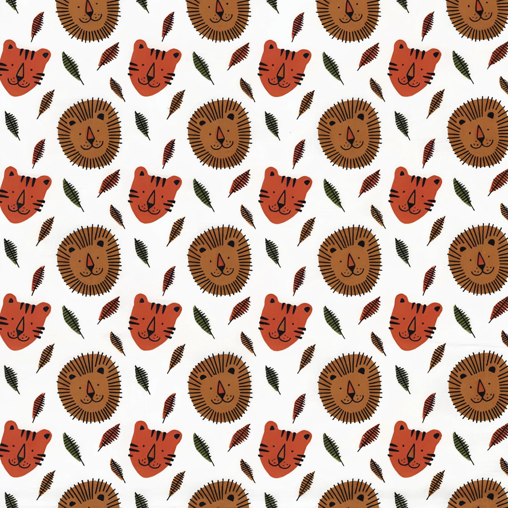 Lion and tiger faces tropical leaves white background kids novelty quilting fabric for children's quilts nursery décor and baby sewing projects
