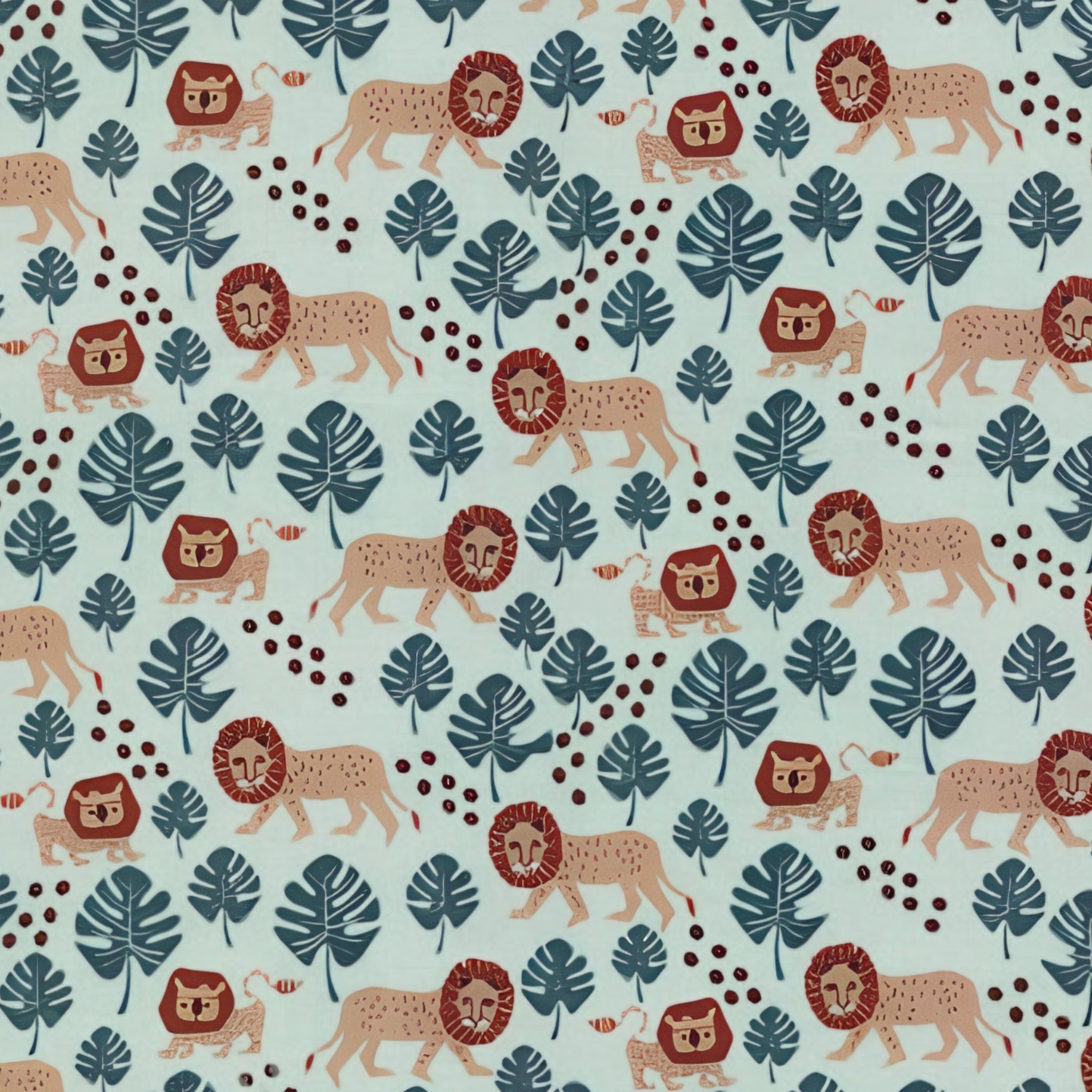 Walking lions rust manes monstera leaves mint background kids novelty quilting fabric for children's quilts nursery décor and baby sewing projects