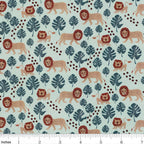 Walking lions rust manes monstera leaves mint background kids novelty quilting fabric for children's quilts nursery décor and baby sewing projects