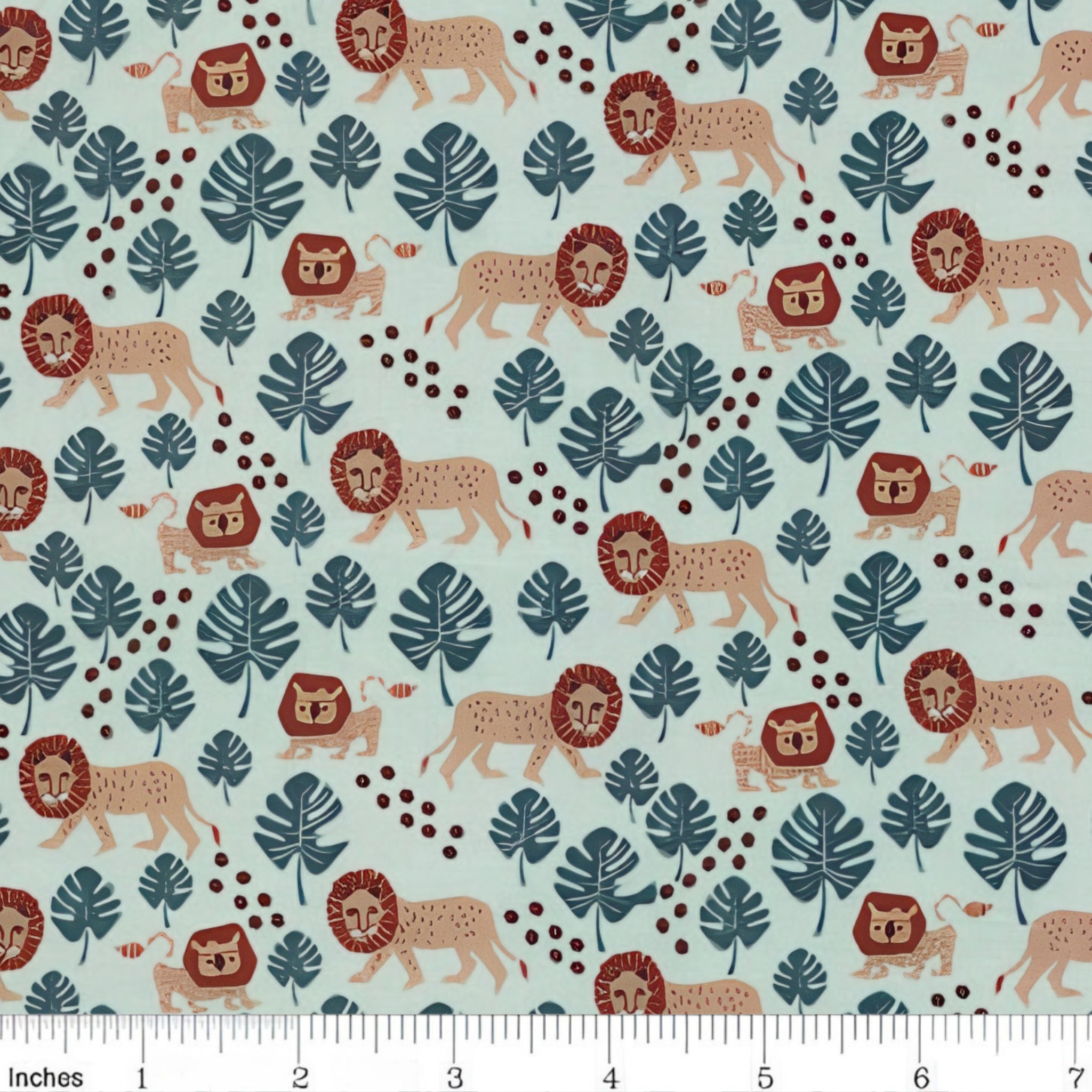 Walking lions rust manes monstera leaves mint background kids novelty quilting fabric for children's quilts nursery décor and baby sewing projects